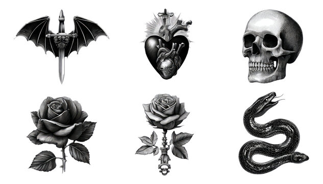 Black and White Illustrations of Skull, Roses, Snake, Heart, Bat, and Dagger