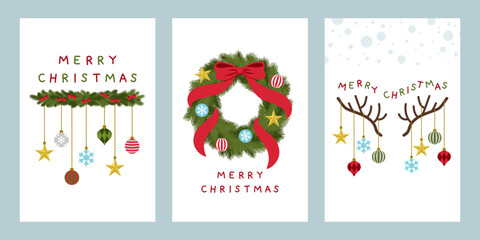 Christmas banner layouts of pine leaves wreath, reindeer antlers and ornaments for artwork design of card, poster or background.
