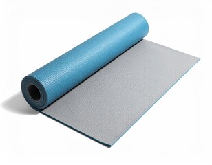 Rolled-up light teal yoga mat with gray underside