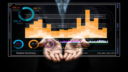 Business Professional Presenting Data Visualizations with Graphs and Charts in a Modern Office...