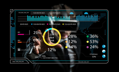 Business professional interacting with futuristic data dashboard, virtual reality technology analyzing statistics and analytics in dark environment