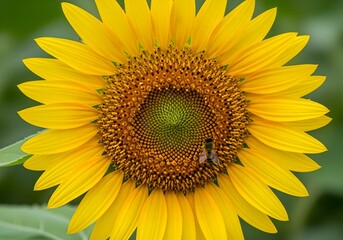 Obraz premium Close-up of a vibrant yellow sunflower with a bee collecting nectar, set against a soft green bokeh background.