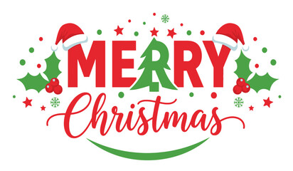 Festive merry christmas greeting with santa hats holly and sparkles celebrate the holidays joyfully isolated on white background