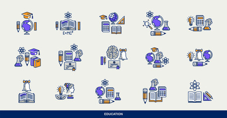 Education vector icons set, school study of science, university and academy learning, different disciplines knowledge.