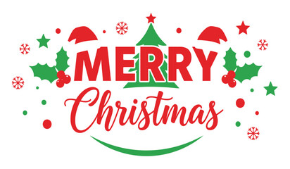 Merry christmas festive typography with holiday icons including santa hats and holly sprigs a joyful greeting isolated on white background