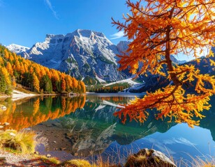 Autumnal alpine lake with vibrant foliage reflecting in still water, snow-capped mountains in the background