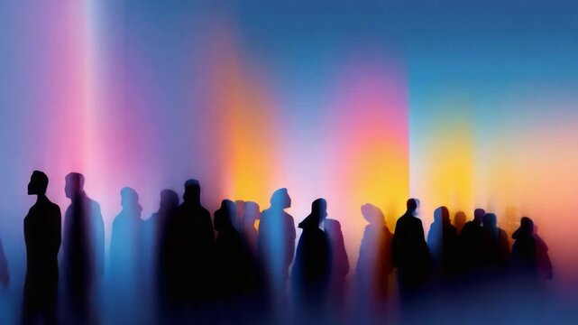 A mesmerizing interplay of silhouettes against a vivid gradient backdrop showcases the dynamic essence of human presence within abstract art, merging colors and shapes beautifully.