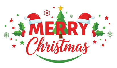 Festive merry christmas typography with santa hats and christmas tree elements for holiday celebrations and seasonal greetings isolated on white background