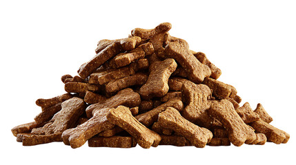 Rough pile of small, dry, bone shaped dog treats. The textured, crumbly surface of the biscuits and their savory brown color.