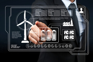 Professional Man Interacting with Renewable Energy Data Display Featuring Wind Turbine, Generators, and Battery Status Indicators in Modern Business Environment
