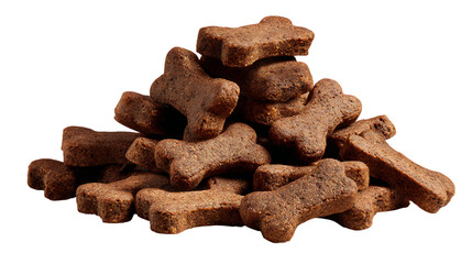 Rough pile of small, dry, bone shaped dog treats. The textured, crumbly surface of the biscuits and their savory brown color.