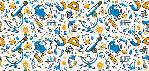 Science seamless background, vector tiling endless repeat pattern of different sciences like chemistry and physics, geography and math, elements easy to use separately as an icons or illustrations.
