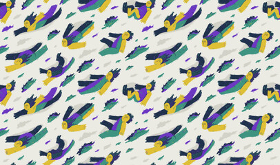 Dreamers conceptual seamless background, illustrative vector people flying among the clouds, freedom of imagination relaxed levitation, tranquil and hypnotic emotions.