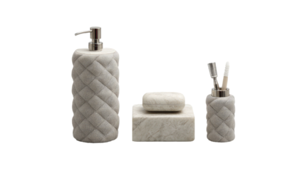 Quilted bathroom set dispenser, toothbrush holder, soap dish & bar