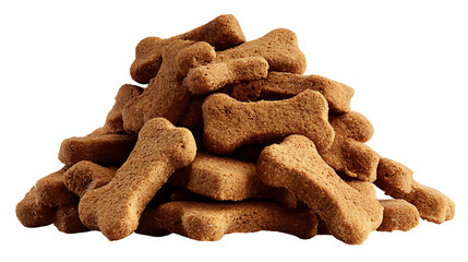 Rough pile of small, dry, bone shaped dog treats. The textured, crumbly surface of the biscuits and their savory brown color.