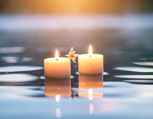 Two candles float on water, lit, with flower