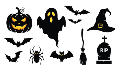 Spooky halloween icons silhouette collection for festive decorations and holiday themed designs haunted pumpkin ghost spider bats witch hat tombstone broom isolated on white background
