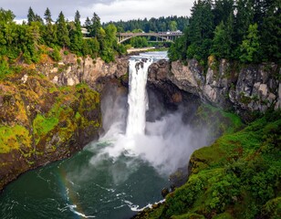 Obraz premium Majestic waterfall cascading down rocky cliffs, lush greenery, and a vibrant rainbow