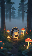 A hedgehog with a wicker basket is walking through the forest picking mushrooms. The scientific concept of freedom and creativity. Artificial intelligence