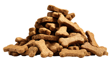 Rough pile of small, dry, bone shaped dog treats. The textured, crumbly surface of the biscuits and their savory brown color.