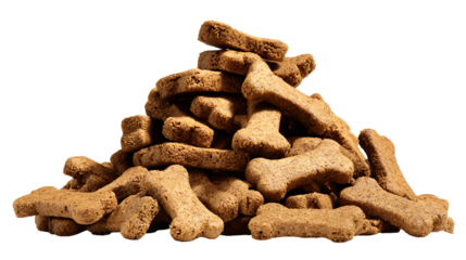 Rough pile of small, dry, bone shaped dog treats. The textured, crumbly surface of the biscuits and their savory brown color.