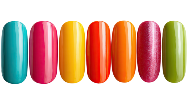 Row of vibrant, colorful, glossy, manicured nails on a dark background