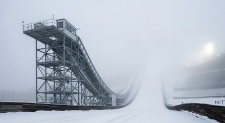 Snow-covered ski jump ramp stands tall in a foggy winter landscape, surrounded by a serene atmosphere, showcasing the essence of winter sports and athleticism