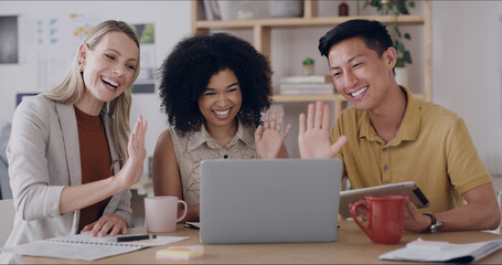 Video call, laptop and business people in office with wave for project collaboration or publishing. Discussion, tablet and group with online meeting for creative feedback, communication or approval
