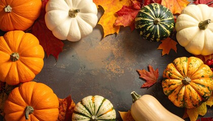 Autumn pumpkins and gourds on a dark background