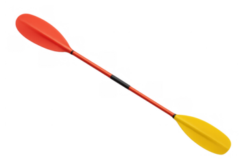 Kayak paddle with yellow and red blades, paddling equipment for water sports and outdoor activities