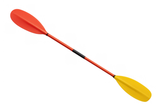 Kayak paddle with yellow and red blades, paddling equipment for water sports and outdoor activities