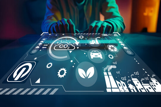 Futuristic Digital Interface for Environmental Monitoring featuring CO2 Emissions Control and Sustainable Energy Icons - Powered by Adobe