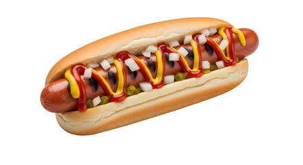 Delicious hot dog with ketchup mustard relish and onions on a bun isolated on black background
