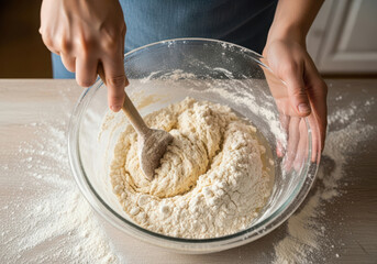 Hands mixing flour and dough in a glass bowl with a wooden spoon