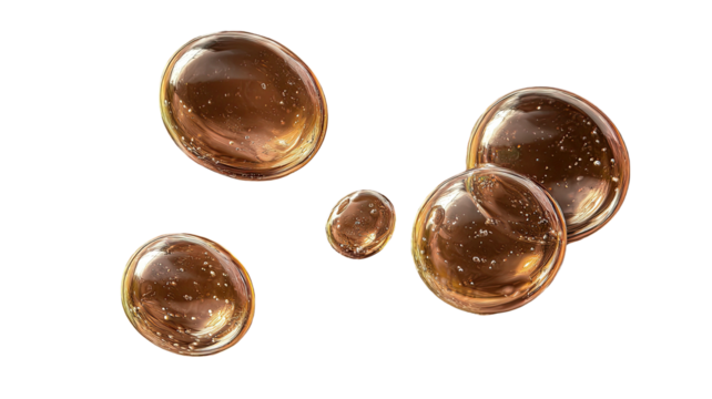 Amber spheres float in darkness, some shiny reflections visible