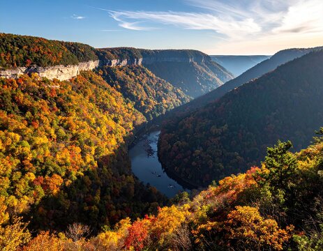 Autumnal canyon vista, fall foliage, river bend
