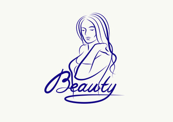 Emblem for a beauty studio or cosmetology clinic or cosmetics brand, vector illustration of a beauty woman face with Beauty work handwritten lettering, classic style logo.