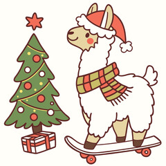 Cute SVG of a Shy Llama in Festive Cheer colors, featuring riding a skateboard in a Christmas setting