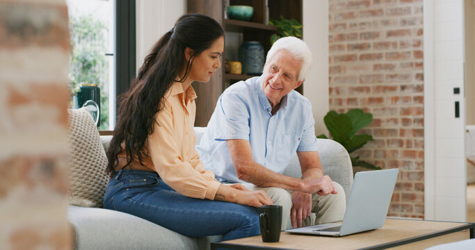Laptop, help and daughter with old man on sofa for support, reunion or bonding. Retirement home, love and teaching with senior father and woman in living room of apartment for family visit and online