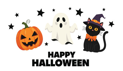Spooky halloween celebration with a pumpkin ghost and witch cat featuring happy halloween text and stars isolated on white background