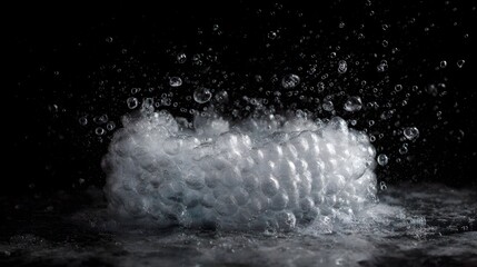 Explosion of frothy white bubbles and water droplets in motion against a dark abstract background