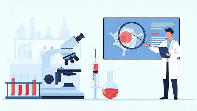 Medical scientist presents cell analysis results on screen in lab setting with microscope, test tubes, syringe - seamless 2D animation loop.