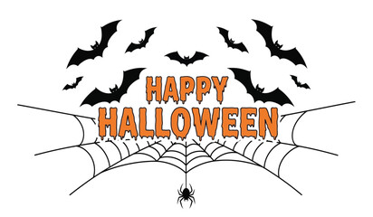 Spooky happy halloween text with bats and spiderweb design elements for festive holiday celebrations and decorations isolated on white background