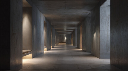 Obraz premium A long, concrete corridor with a series of pillars and ambient lighting creating a minimalist aesthetic