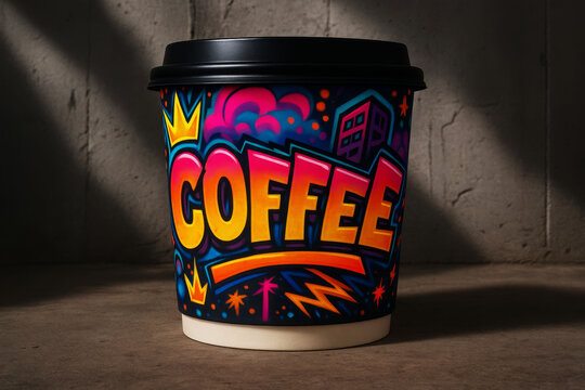 Paper coffee cup with vibrant graffiti style design and black lid on dark background, urban street art takeaway drink concept.