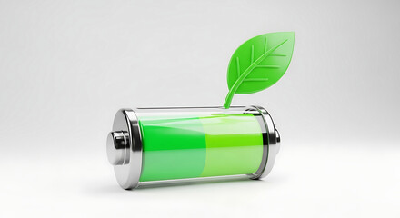 Conceptual 3D render of a renewable energy battery with a green leaf, illustrating sustainable power, ecological conservation, and clean technology