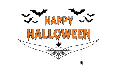 Spooky happy halloween text with bats and spiderweb design for festive decorations and themed events isolated on white background