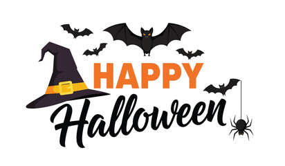 Fototapeta premium Happy halloween greeting with bats witch hat spider and spooky typography festive holiday celebration design isolated on white background