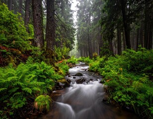 Obraz premium Misty forest stream flowing through lush greenery