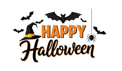 Fototapeta premium Spooky happy halloween greeting with bats witch hat spider and festive text for celebrations isolated on white background